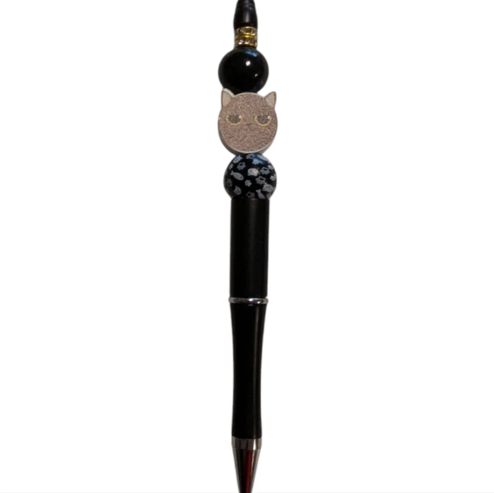 Hand Crafted Cat Pen Black Brown Paws Beads Twist Ballpoint NEW H-023
